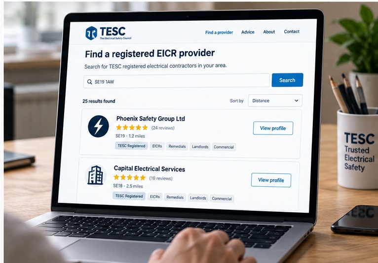Example TESC registered EICR provider search shown on a laptop